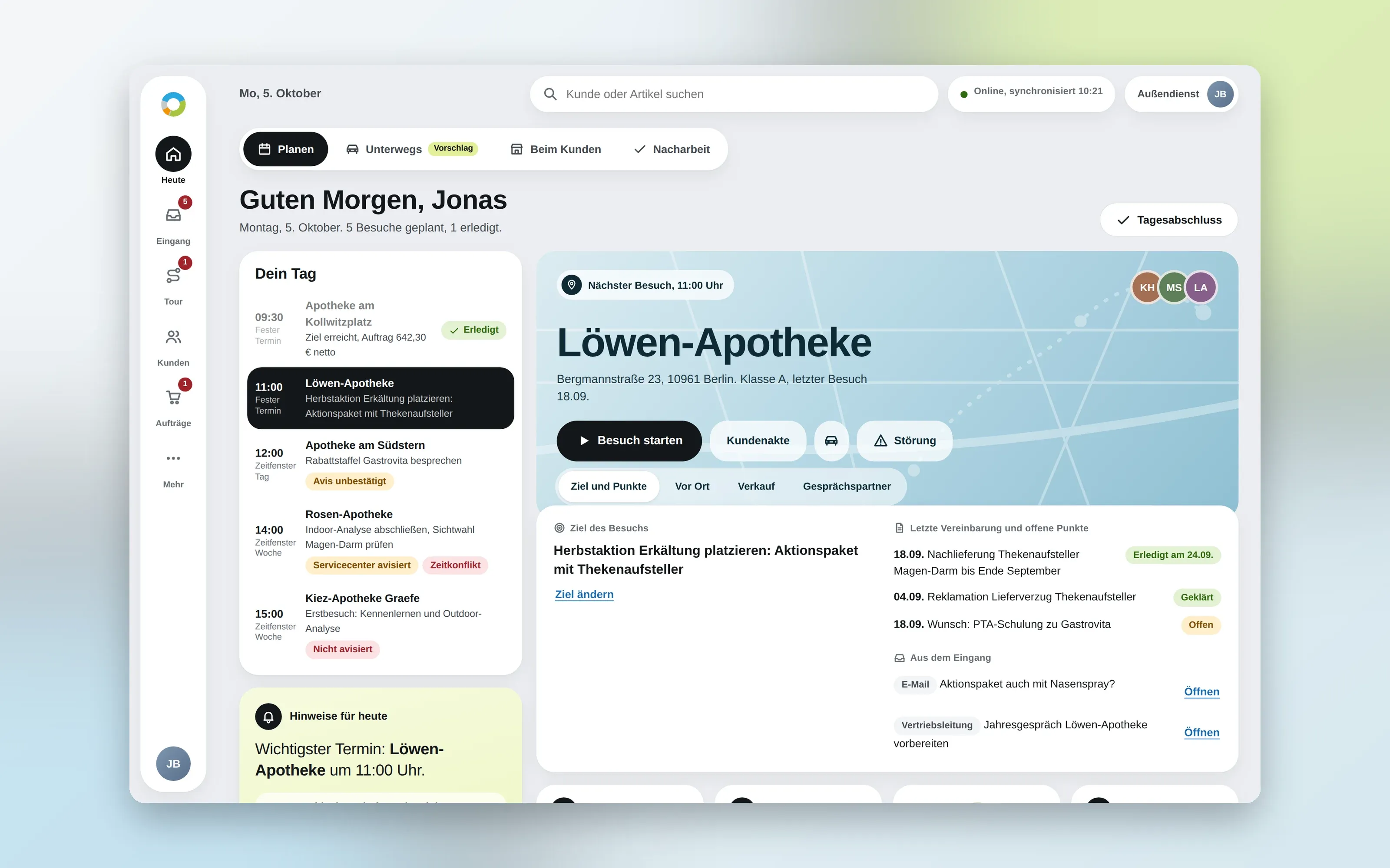 Heute-Dashboard von SIMON mit Tagesliste, Hinweisen und Karte zum nächsten Besuch bei der Löwen-Apotheke